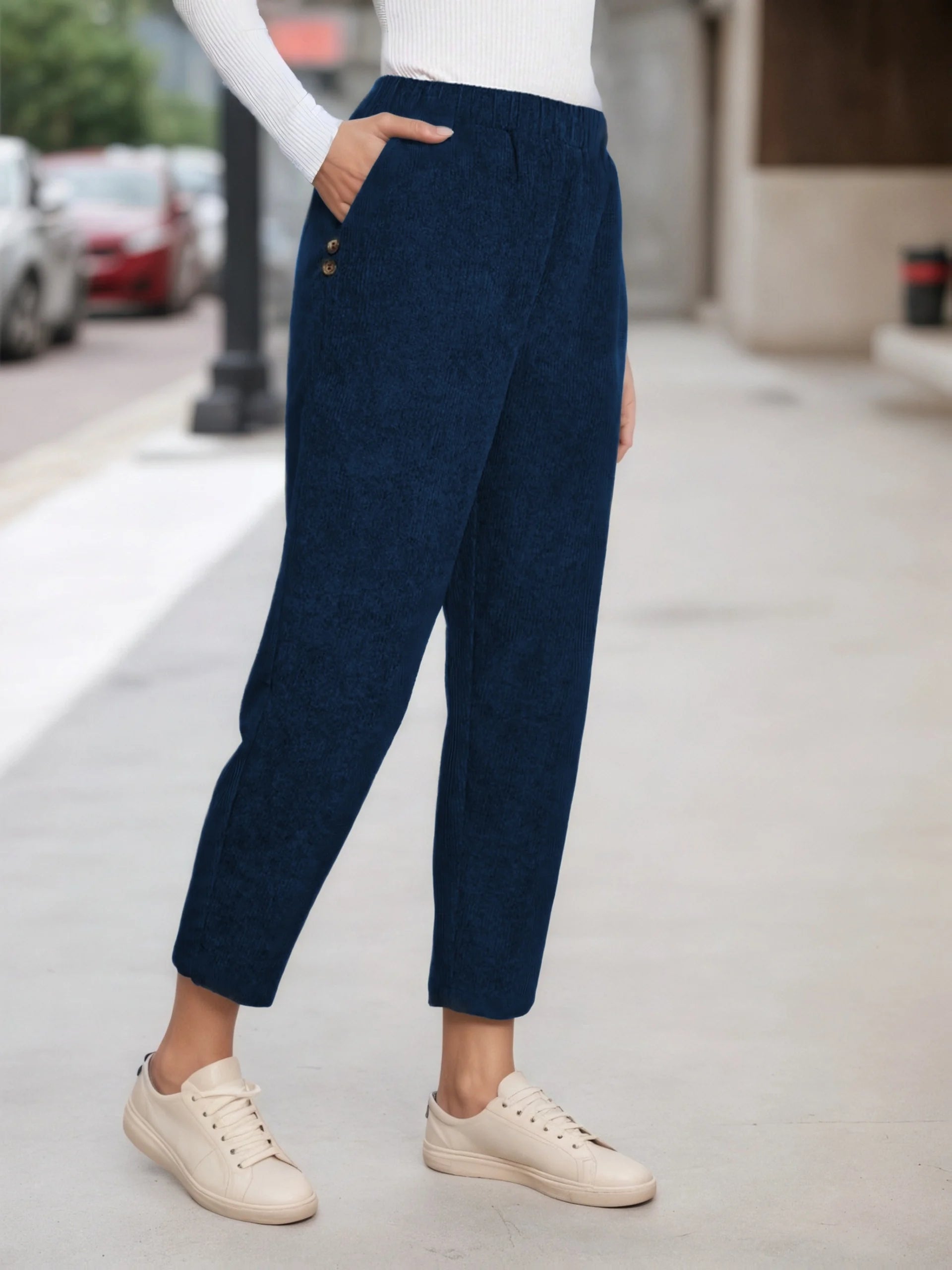 Women's Casual Loose Corduroy Pants Elastic Waist Ankle Length Harem Trousers for Daily Wear