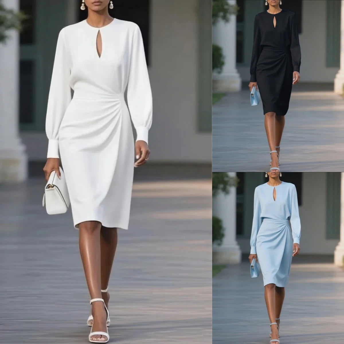 Elegant Woman Dress  O Neck Hollow Out Long Sleeve Office Dress Women Slim A-Line Party Long Dresses