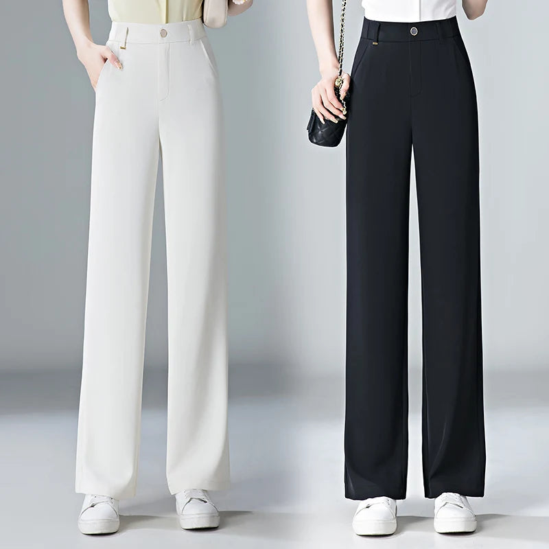 white Straight leg Pants Women's Summer Thin ice silk 2024 new high Waisted drape Slimming Loose Casual Straight cylinder Pants