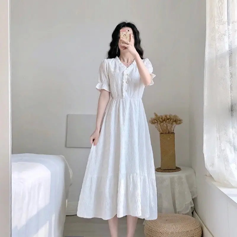 Dress for Women Summer Large Size Short Sleeve Shirt White Blue Dresses Casual Korean French Retro Slim Fit Female Clothing